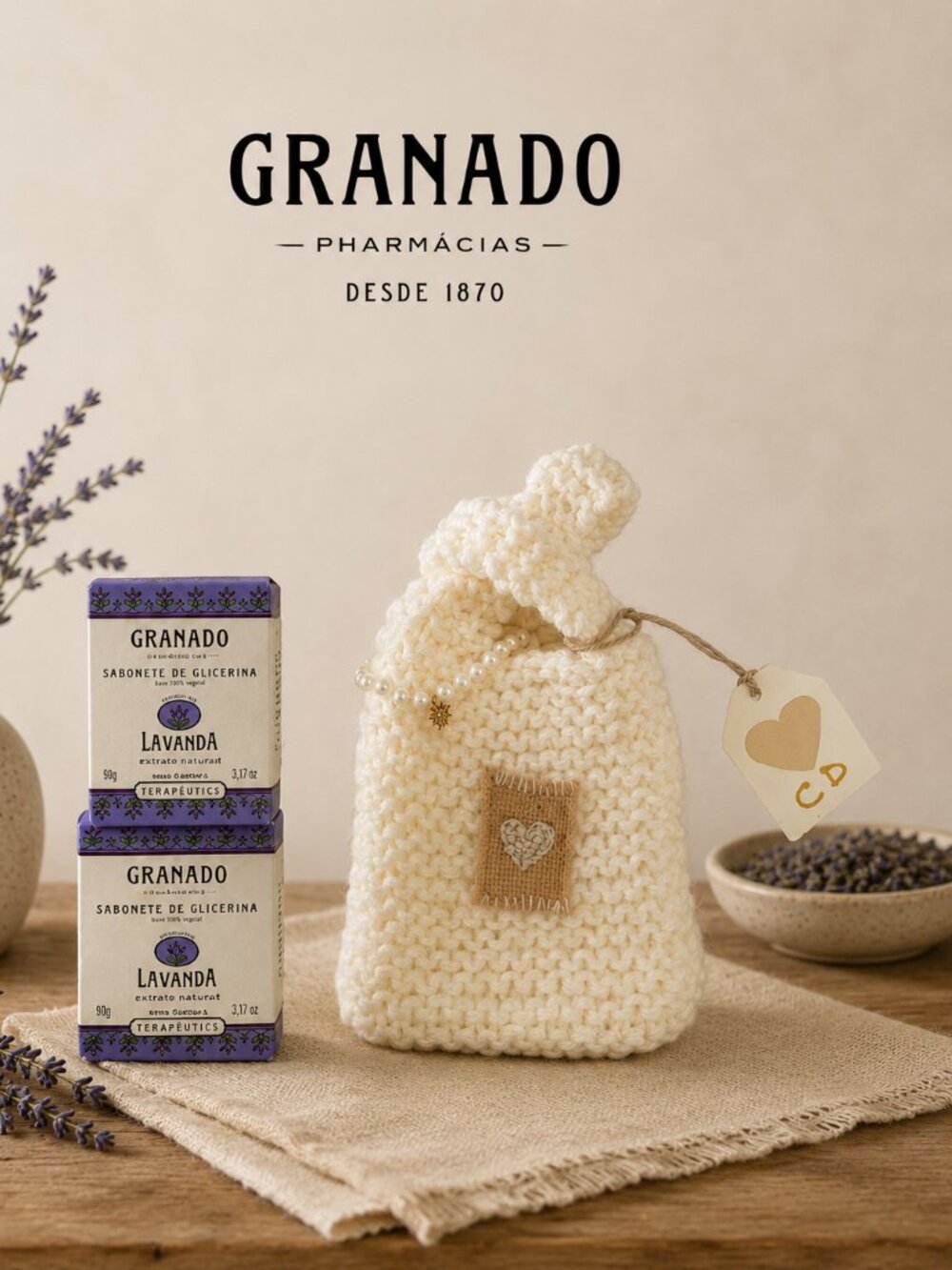 2 Brazil Granado Lavender Glycerin Soap Handmade Knitted Bag and Pearl Bracelet